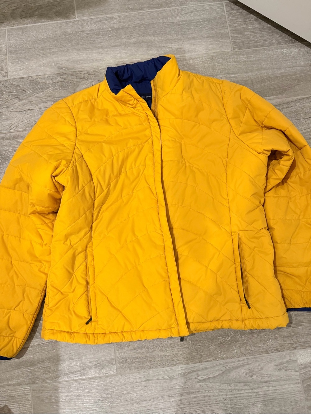 Lands End Youth 14-16 Yellow Quilted Jacket with navy trim-full zip, zip pockets